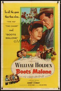 2t119 BOOTS MALONE 1sh '51 close up of William Holden with young horse jockey Johnny Stewart!