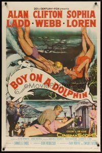 2t125 BOY ON A DOLPHIN 1sh '57 art of Alan Ladd & sexiest Sophia Loren swimming underwater!