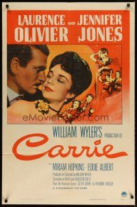 2t162 CARRIE 1sh '52 romantic art of Laurence Olivier & Jennifer Jones, William Wyler!