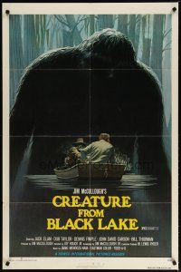 2t211 CREATURE FROM BLACK LAKE 1sh '76 cool art of monster looming over guys in boat by McQuarrie!