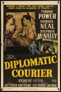 2t265 DIPLOMATIC COURIER 1sh '52 cool art of Patricia Neal pulling a gun on shirtless Tyrone Power!