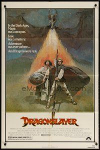 2t288 DRAGONSLAYER 1sh '81 cool Jeff Jones fantasy artwork of Peter MacNicol w/spear & dragon!