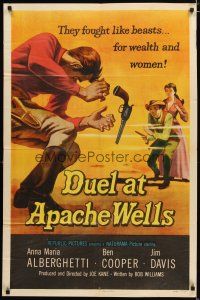 2t293 DUEL AT APACHE WELLS 1sh '57 they fought like beasts for wealth and women, cool gun duel art!