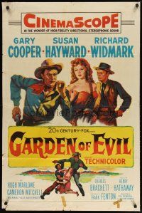 2t374 GARDEN OF EVIL 1sh '54 cool art of Gary Cooper, sexy Susan Hayward, & Richard Widmark!