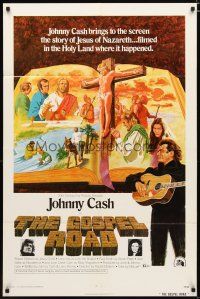 2t398 GOSPEL ROAD 1sh '73 artwork of Biblical Johnny Cash with guitar & scenes of Jesus!
