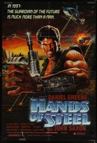 2t412 HANDS OF STEEL 1sh '86 cool artwork of cyborg commando Daniel Greene!