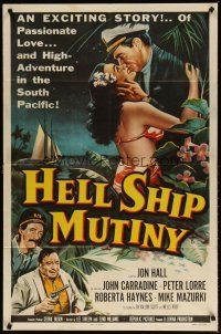 2t432 HELL SHIP MUTINY 1sh '57 Jon Hall kisses tropical beauty, John Carradine, Peter Lorre