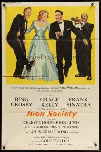 2t442 HIGH SOCIETY 1sh '56 art of Frank Sinatra, Bing Crosby, Grace Kelly & Louis Armstrong!