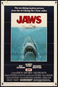 2t498 JAWS 1sh '75 art of Spielberg's classic man-eating shark attacking swimmer!