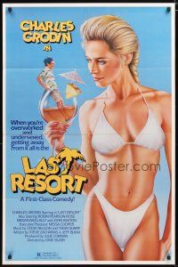 2t554 LAST RESORT 1sh '86 wacky sexy art of woman in bikini holding Charles Grodin in glass!