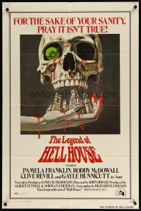 2t560 LEGEND OF HELL HOUSE 1sh '73 great skull & haunted house dripping with blood art by B.T.!