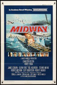 2t614 MIDWAY 1sh '76 Charlton Heston, Henry Fonda, dramatic naval battle art!
