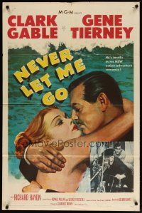 2t639 NEVER LET ME GO 1sh '53 romantic close up artwork of Clark Gable & sexy Gene Tierney!