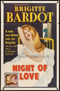 2t648 NIGHT OF LOVE 1sh '59 sexy Brigitte Bardot in bed, she'll send thrills down your spine!