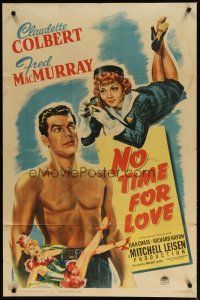 2t655 NO TIME FOR LOVE 1sh '43 Claudette Colbert takes pictures of barechested Fred MacMurray!