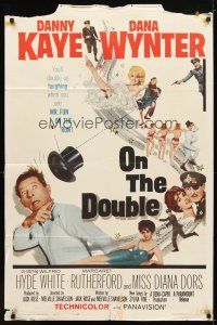 2t666 ON THE DOUBLE 1sh '61 great art of wacky Danny Kaye & sexy Diana Dors in bubbles!