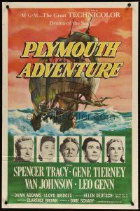 2t696 PLYMOUTH ADVENTURE 1sh '52 Spencer Tracy, Gene Tierney, cool art of ship at sea!