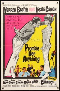 2t712 PROMISE HER ANYTHING 1sh '66 art of Warren Beatty w/fingers crossed & pretty Leslie Caron!