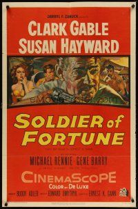 2t813 SOLDIER OF FORTUNE 1sh '55 art of Clark Gable shooting gun, plus sexy Susan Hayward!