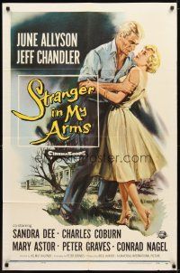 2t851 STRANGER IN MY ARMS 1sh '59 art of Jeff Chandler holding pretty June Allyson!