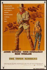 2t913 TRAIN ROBBERS 1sh '73 great full-length art of cowboy John Wayne & Ann-Margret!