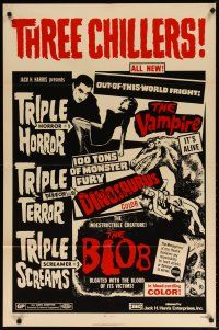 2t927 VAMPIRE/DINOSAURUS/BLOB 1sh '71 B movie chiller horror triple bill!