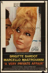 2t933 VERY PRIVATE AFFAIR 1sh '62 Louis Malle's Vie Privee, super c/u of sexiest Brigitte Bardot!