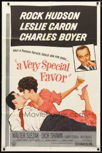 2t934 VERY SPECIAL FAVOR 1sh '65 Charles Boyer, Rock Hudson tries to unwind sexy Leslie Caron!
