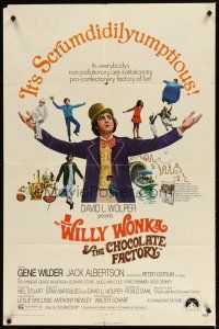 2t973 WILLY WONKA & THE CHOCOLATE FACTORY 1sh '71 Gene Wilder, it's scrumdidilyumptious!