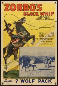 2t998 ZORRO'S BLACK WHIP chapter 7 1sh '44 Republic serial, cool artwork whipping on horseback!