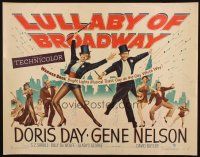2w209 LULLABY OF BROADWAY 1/2sh '51 art of Doris Day & Gene Nelson in top hat and tails!
