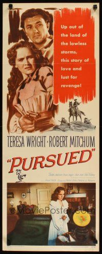 2w696 PURSUED insert '47 great full-length image of Robert Mitchum & Teresa Wright with gun!