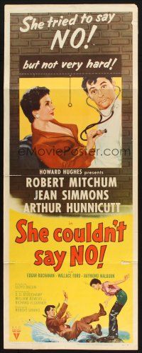 2w738 SHE COULDN'T SAY NO insert '54 sexy short-haired Jean Simmons examines Dr. Robert Mitchum!