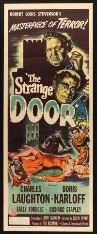 2w776 STRANGE DOOR insert '51 cool art of Boris Karloff, Charles Laughton & sexy Sally Forrest!
