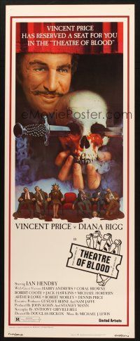 2w811 THEATRE OF BLOOD insert '73 great art of Vincent Price holding bloody skull w/dead audience!