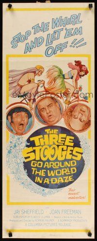 2w819 THREE STOOGES GO AROUND THE WORLD IN A DAZE insert '63 wacky art of Moe, Larry & Curly-Joe!