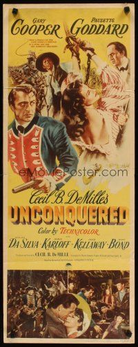 2w846 UNCONQUERED insert '47 Gary Cooper & sexy Paulette Goddard in colonial America, DeMille!