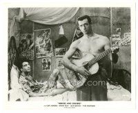 2x368 HEROES & SINNERS 8.25x10 still '59 great c/u of barechested Yves Montand playing guitar!