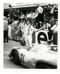 2x514 LE MANS 8x10 still '71 race car driver Steve McQueen in uniform standing by his car!