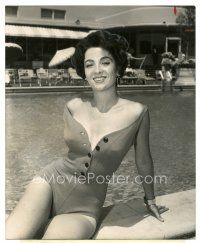2x533 LINDA CRISTAL 8x10 still '58 full-length sexy c/u by pool with her swimsuit unbuttoned!