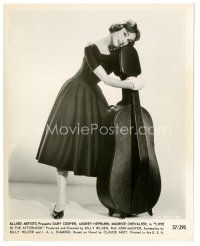 2x554 LOVE IN THE AFTERNOON 8x10 still '57 full-length Audrey Hepburn holding cello case!