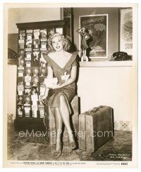 2x595 MARIE MCDONALD 8x10 still '49 full-length sitting on luggage by travel posters on wall!