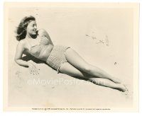 2x713 PAT HALL 8x10 still '49 full-length portrait in sexy swimsuit laying in the beach sand!