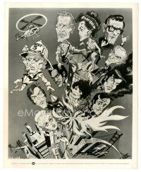 2x924 TOWERING INFERNO 8.25x10 still '74 great cartoon art of all lead characters on top of tower!