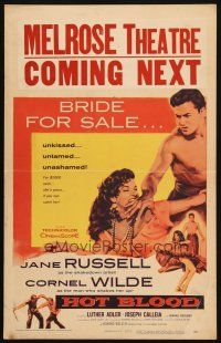 2y422 HOT BLOOD WC '56 great image of barechested Cornel Wilde grabbing Jane Russell, Nicholas Ray