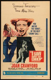 2y429 I SAW WHAT YOU DID WC '65 Joan Crawford, William Castle, you may be the next target!