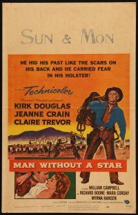 2y503 MAN WITHOUT A STAR WC '55 art of cowboy Kirk Douglas pointing gun, Jeanne Crain