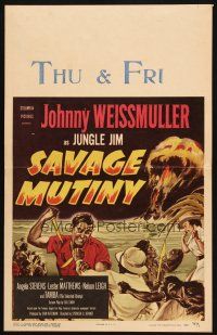 2y594 SAVAGE MUTINY WC '53 art of Johnny Weissmuller as Jungle Jim in knife fight!