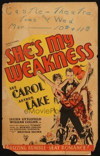 2y604 SHE'S MY WEAKNESS WC '30 great deco art of Sue Carol & Arthur Lake in a rumble-seat romance!
