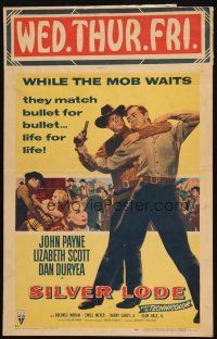2y612 SILVER LODE WC '54 art of cowboy John Payne in brawl, sexy Lizabeth Scott!